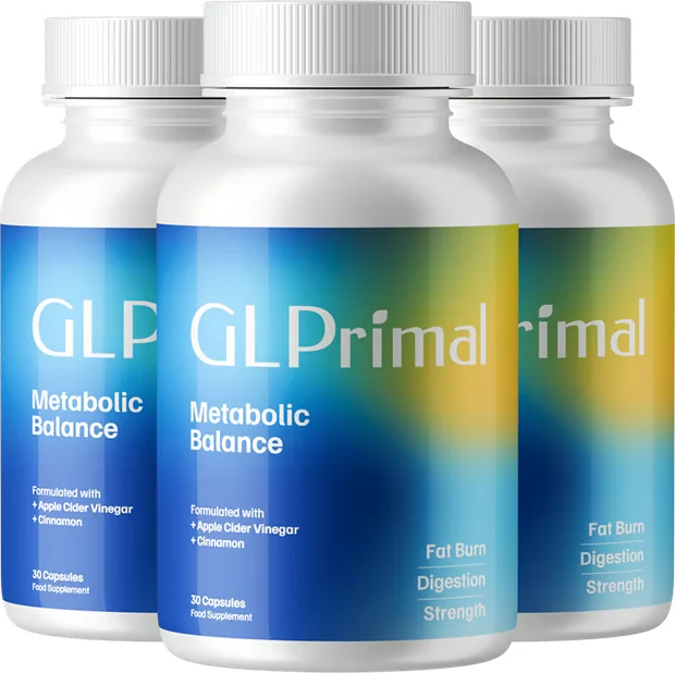 Tre bøtter GLPrimal Metabolic Balance stillet op ved siden af hinanden
