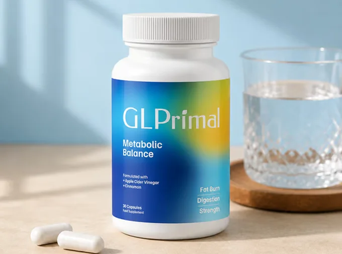 Bøtte med GLPrimal ved siden af et glas vand og to hvide kapsler
